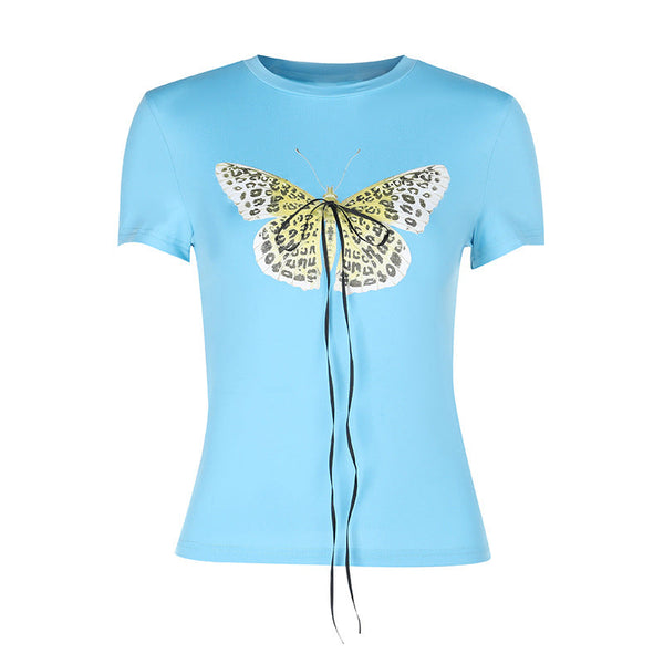 Crewneck short sleeve butterfly print top