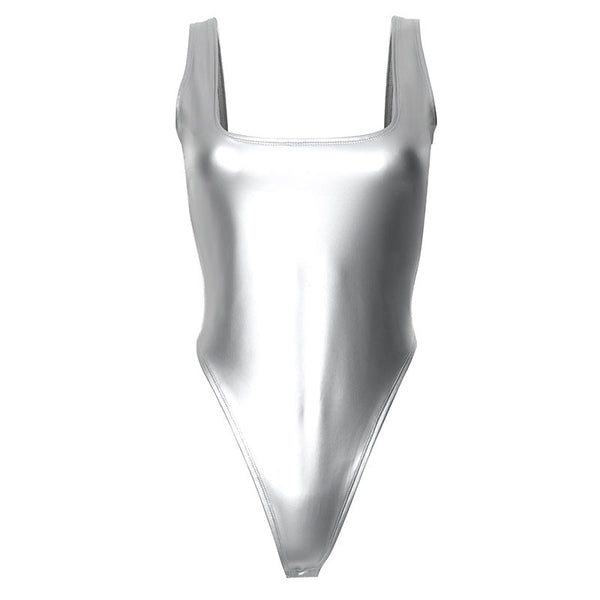 Metallic square neck backless bodysuit