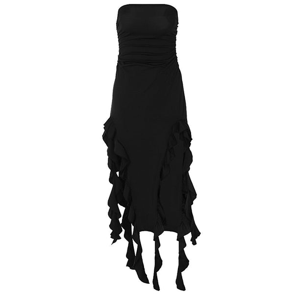 Irregular solid ruffle tube midi dress