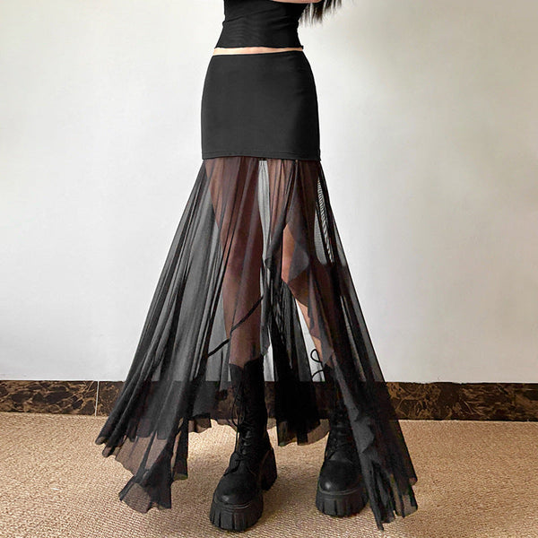 Mesh patchwork high slit maxi skirt