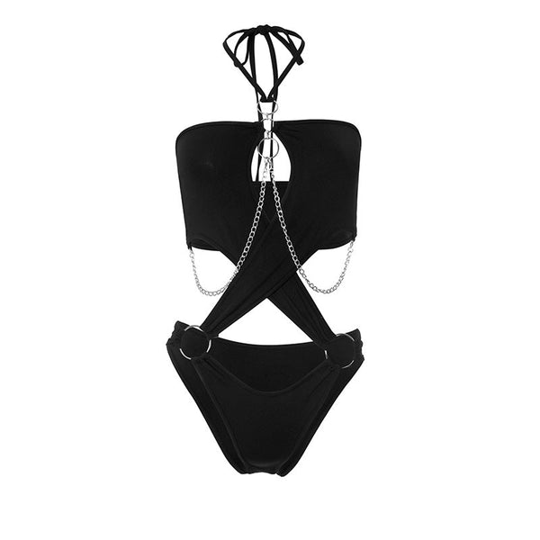 Halter hollow out metal chain o ring bodysuit