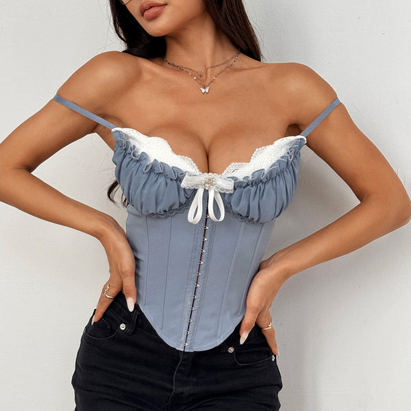 Lace hem bowknot corset ruched cami top