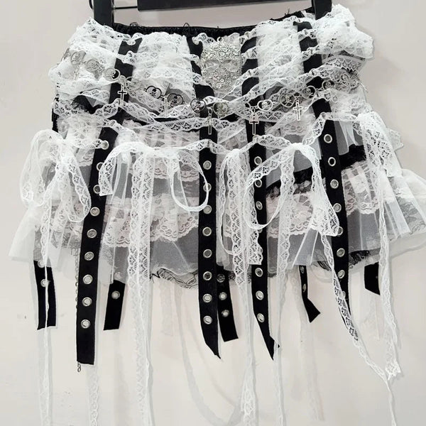 Lace tassels skull applique mini skirt