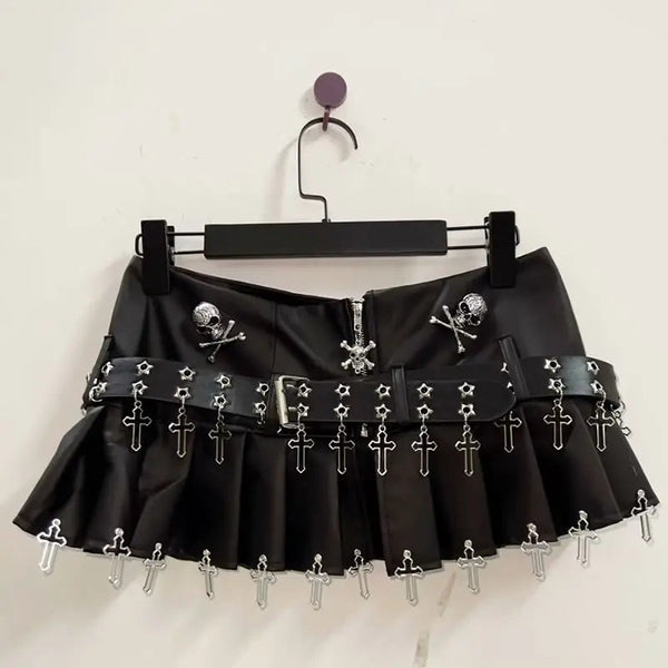 Pleated zip-up belt skull applique mini skirt