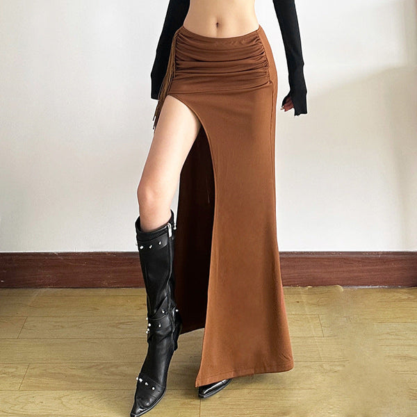 Slit irregular ruched solid maxi skirt