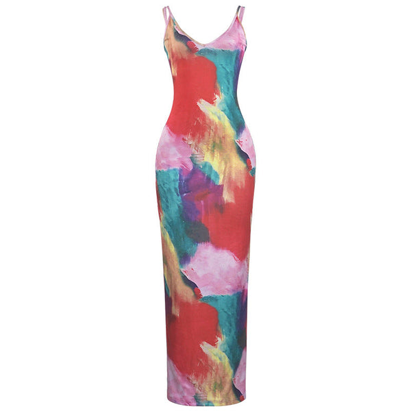 V neck ribbed print backless cami maxi dress