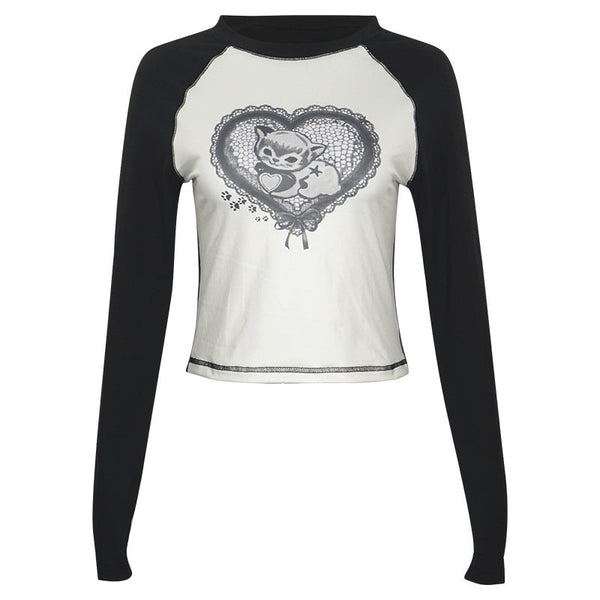 Crewneck long sleeve stitch heart pattern top