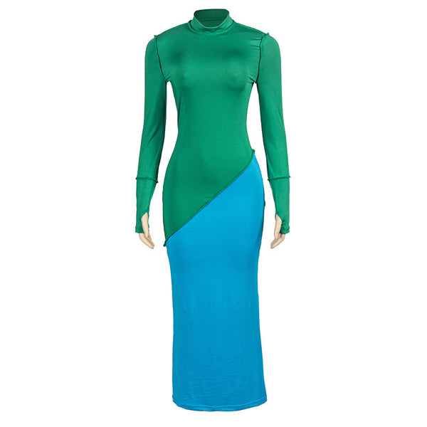 Long sleeve crewneck stitch contrast maxi dress