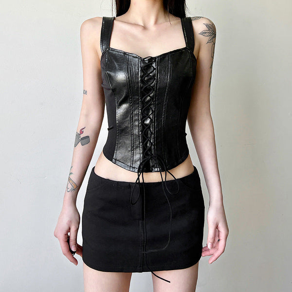 Lace up v neck PU leather backless tank top