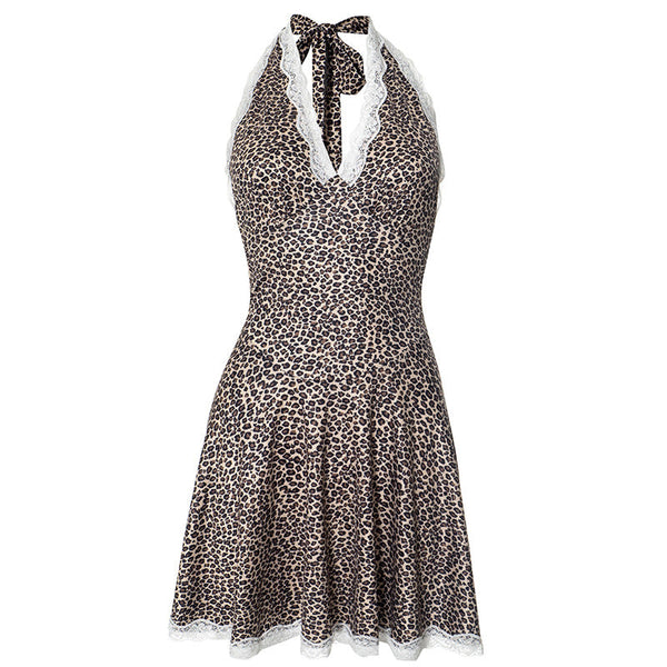 Leopard print lace hem halter v neck mini dress