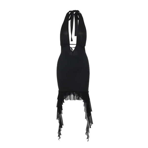 Halter v neck ruffle backless mini dress