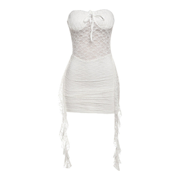 Self tie lace ruched ruffle mini dress