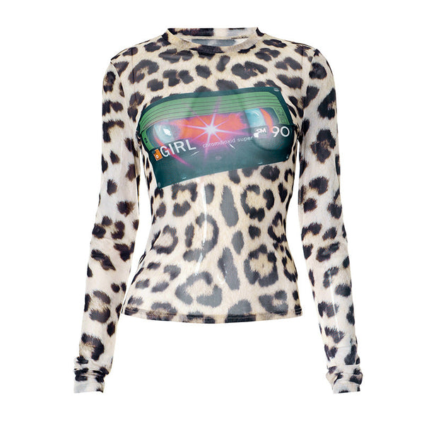Leopard print mesh long sleeve top