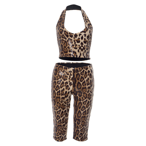 Halter glitter backless leopard print pant set
