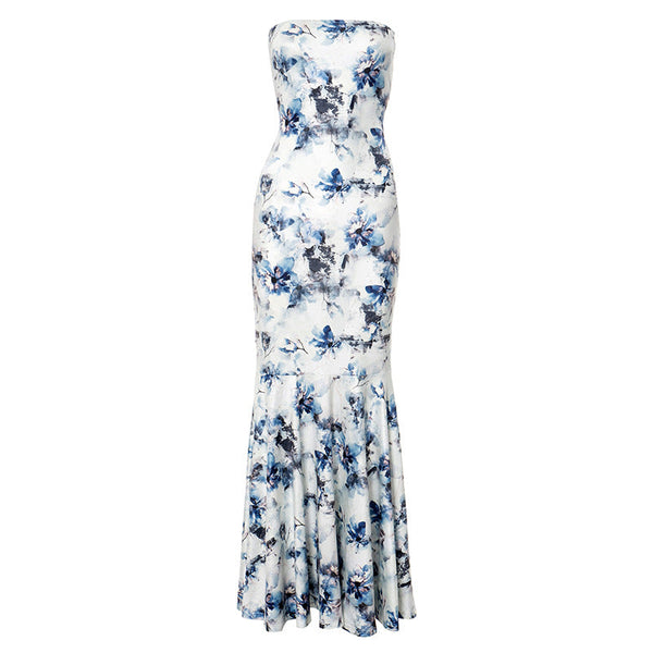 Flower print ruched ruffle tube maxi dress