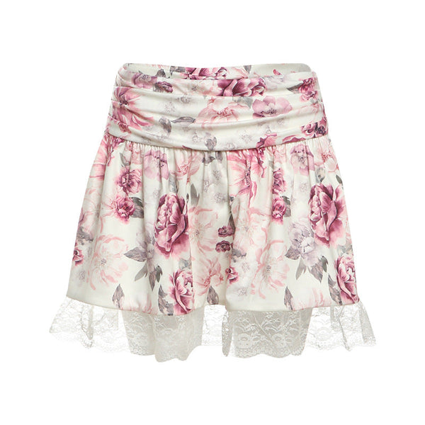 Flower print lace hem mini skirt