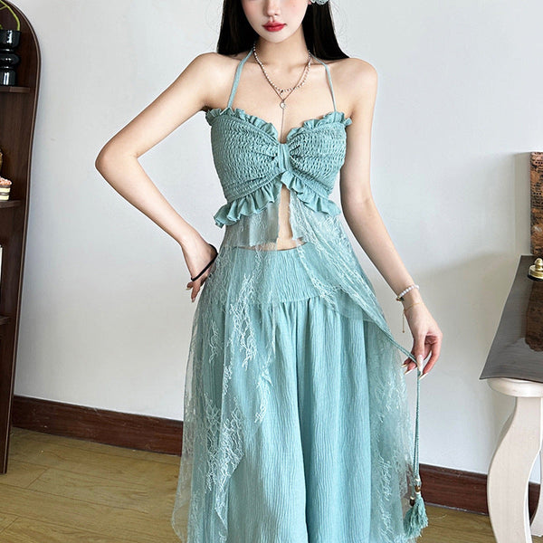 Halter smocked lace patchwork ruffle top