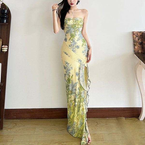 Flower print slit ruffle tube maxi dress