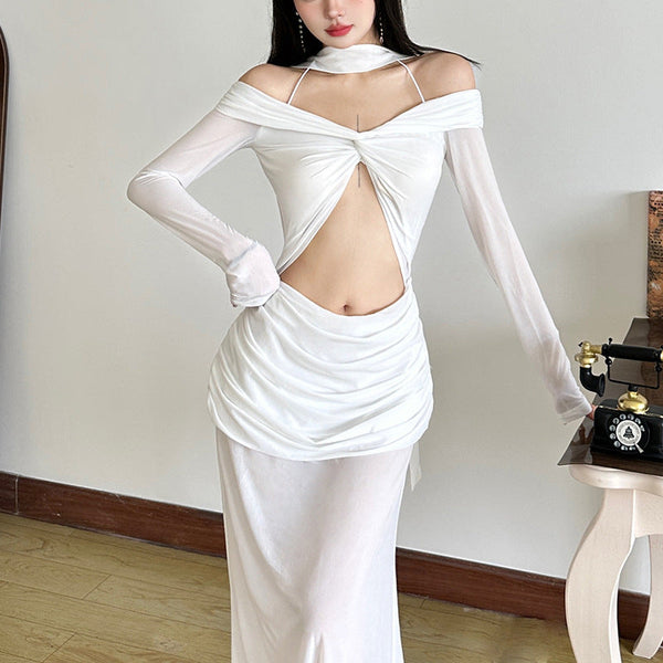 Long sleeve off shoulder mesh hollow out maxi dress