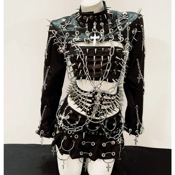 Long sleeve rivet PU leather o ring metal chain belt top