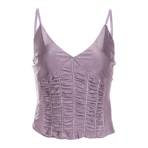V neck ruched solid adjustable cami top
