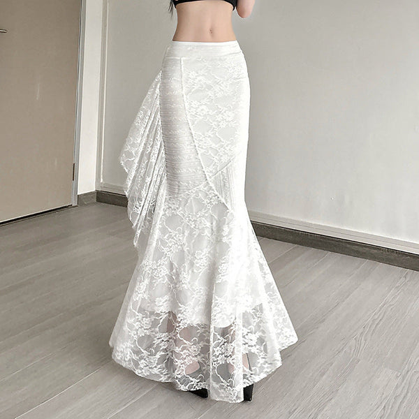 Lace ruffle irregular maxi skirt