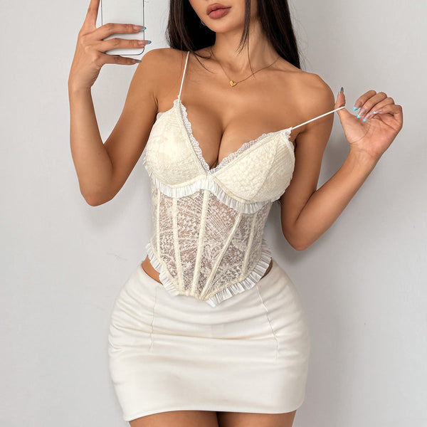 V neck lace hem ruffle cami top