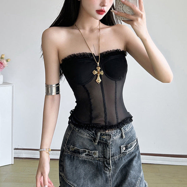 Sweetheart neck ruffle mesh backless top