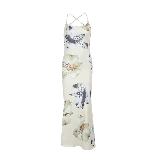 Flower print cross back lace up cami maxi dress