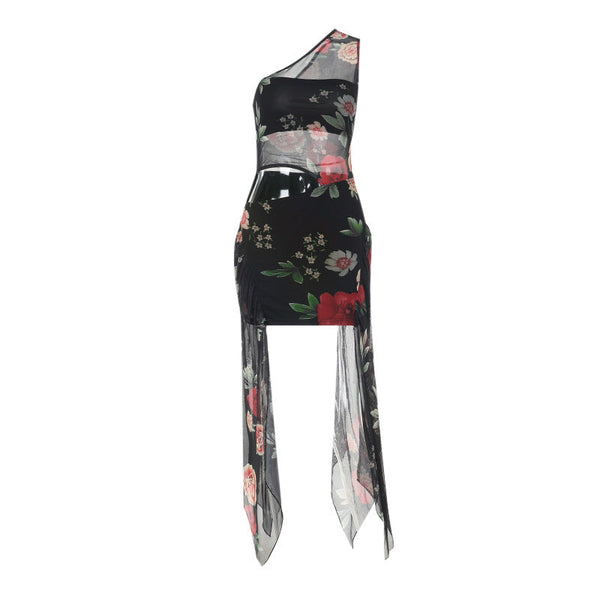 One shoulder flower print mesh hollow out mini dress