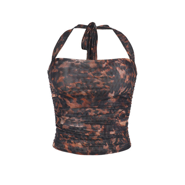 Halter print self tie crop top