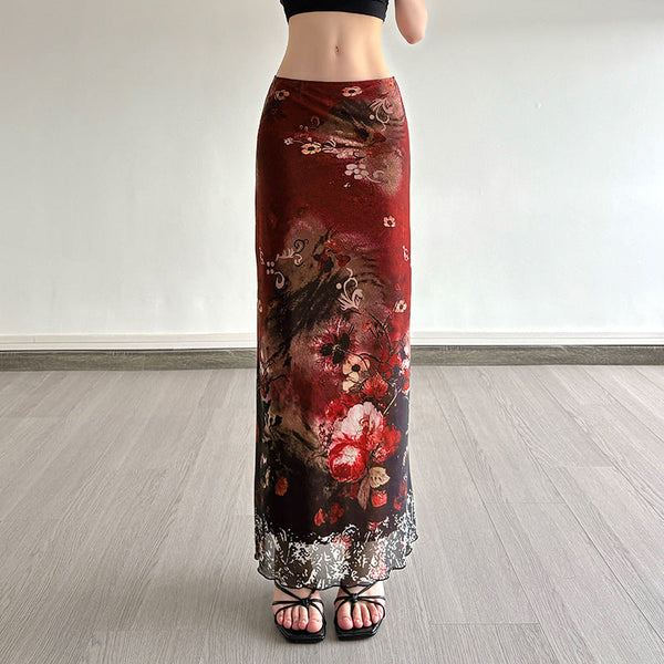 Contrast print mesh maxi skirt