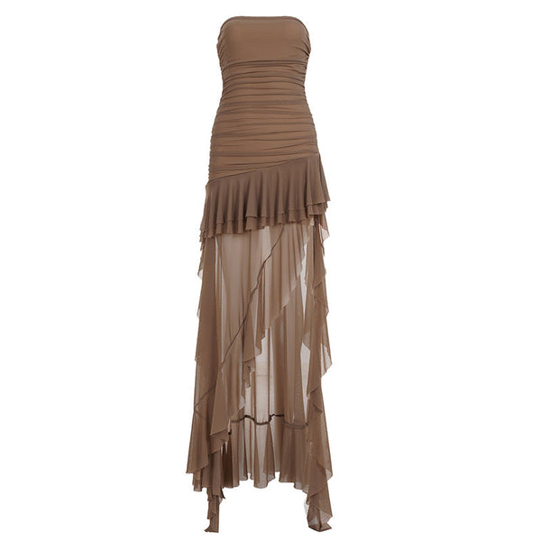 Irregular ruched mesh ruffle tube maxi dress