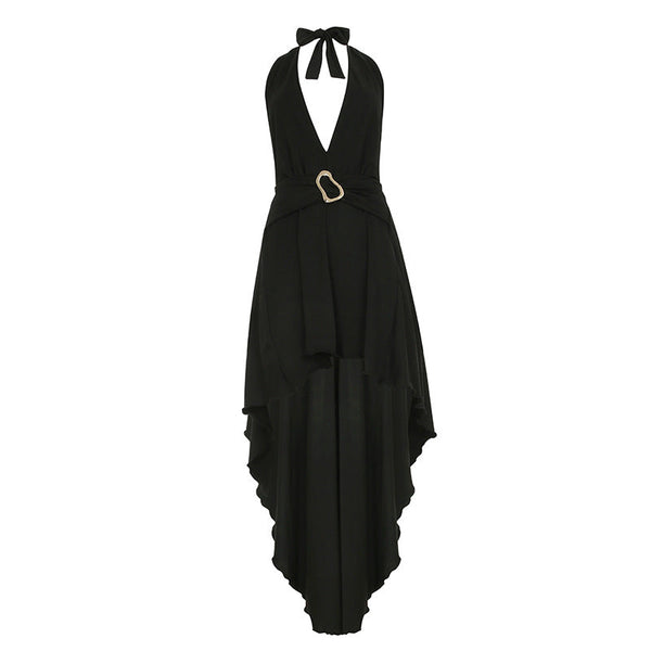 Backless self tie irregular solid maxi dress