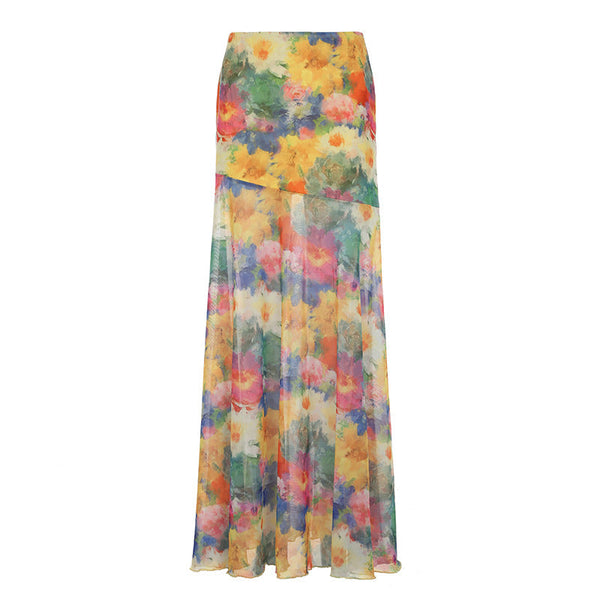 Flower print contrast mesh maxi skirt