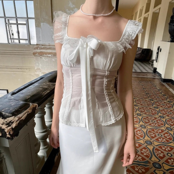 Bowknot lace hem ruffle square neck top