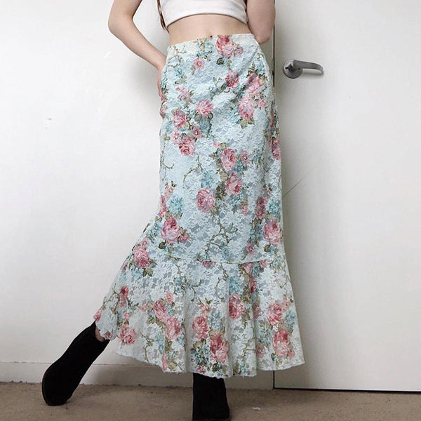 Flower print ruffle lace maxi skirt