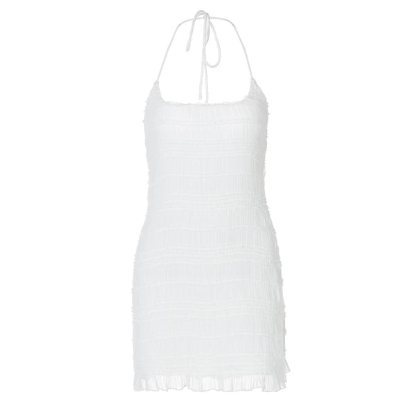 Halter u neck ruched ruffle mini dress