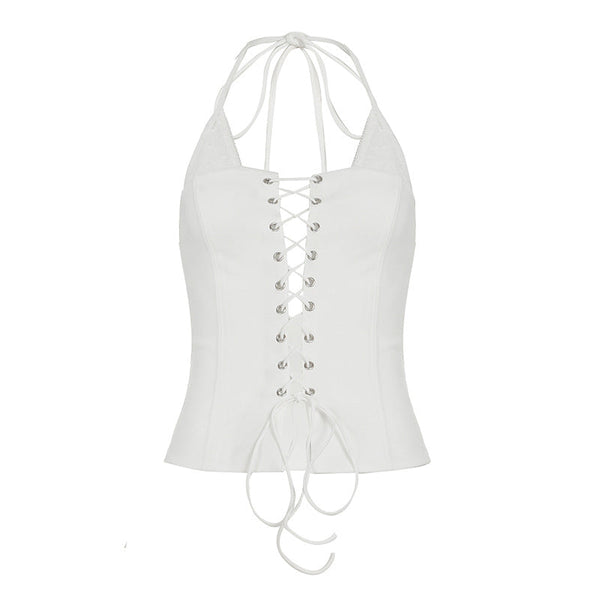 Halter lace up self tie solid top