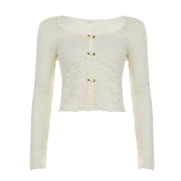 U neck long sleeve lace flower applique top