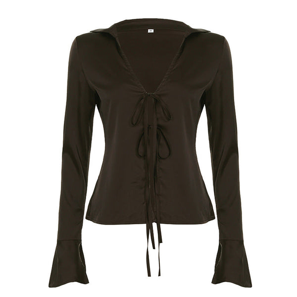 Turnover collar long flared sleeve self tie top