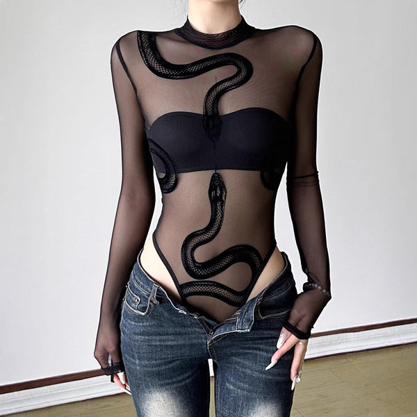 Long sleeve mesh snake pattern bodysuit