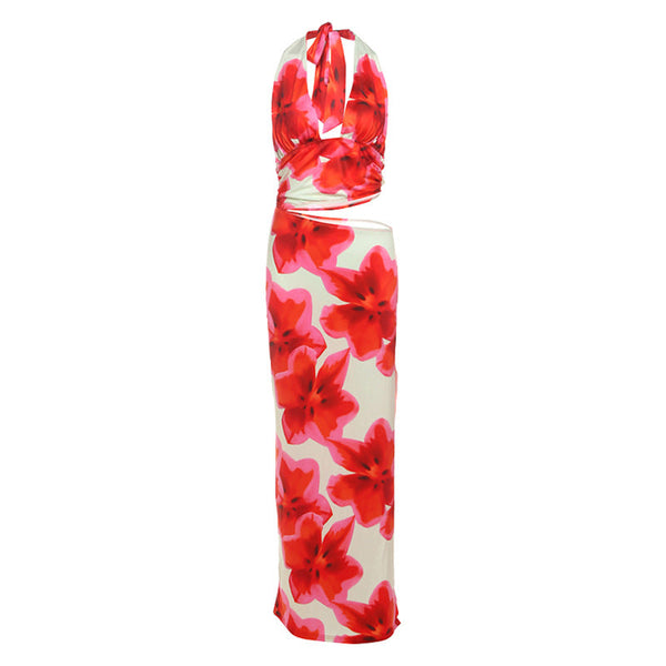 Self tie halter flower print hollow out maxi dress
