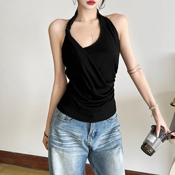 Halter ruched irregular backless top