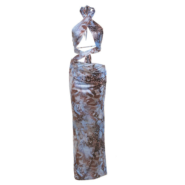 Cross front hollow out halter print maxi dress