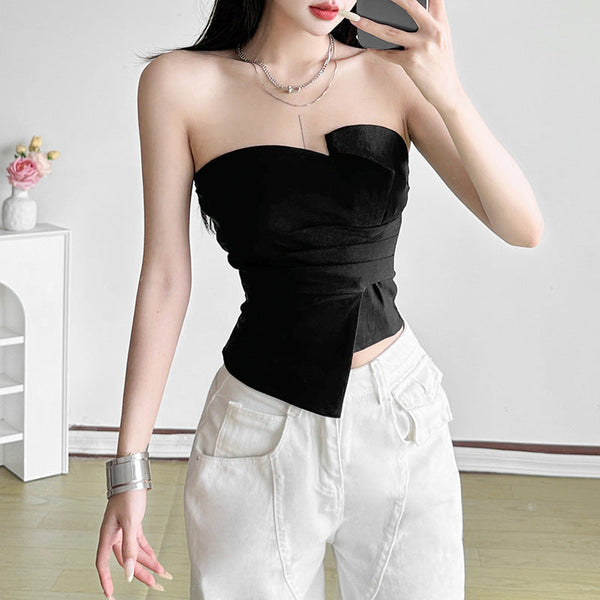 Ruched irregular backless solid tube top