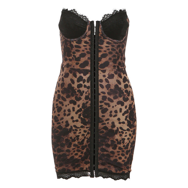 Leopard print lace hem button tube mini dress