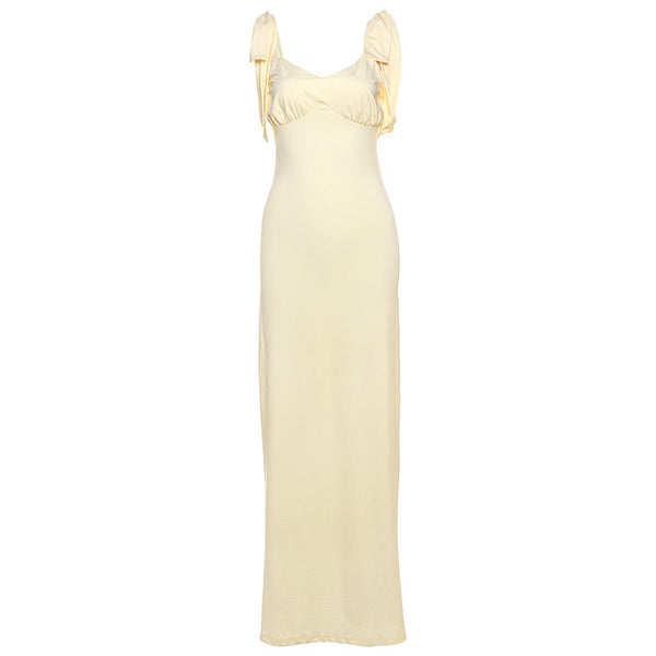 Self tie v neck ruched backless maxi dress