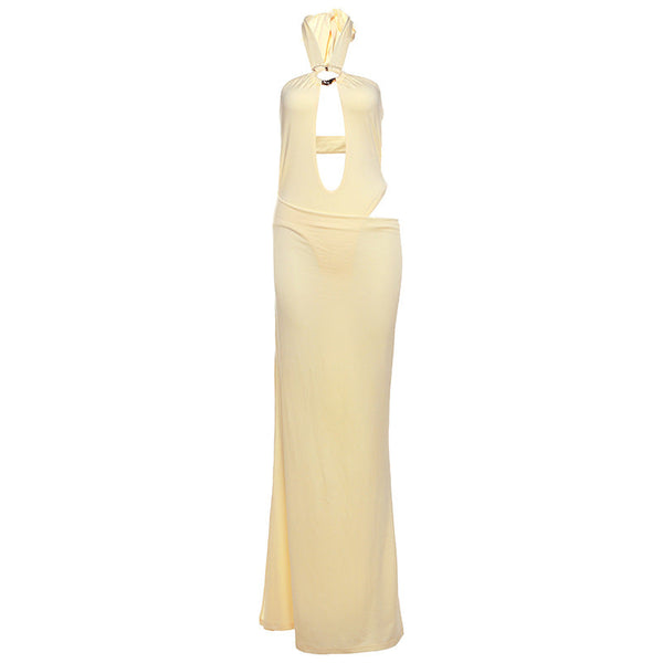 Hollow out halter solid maxi skirt set