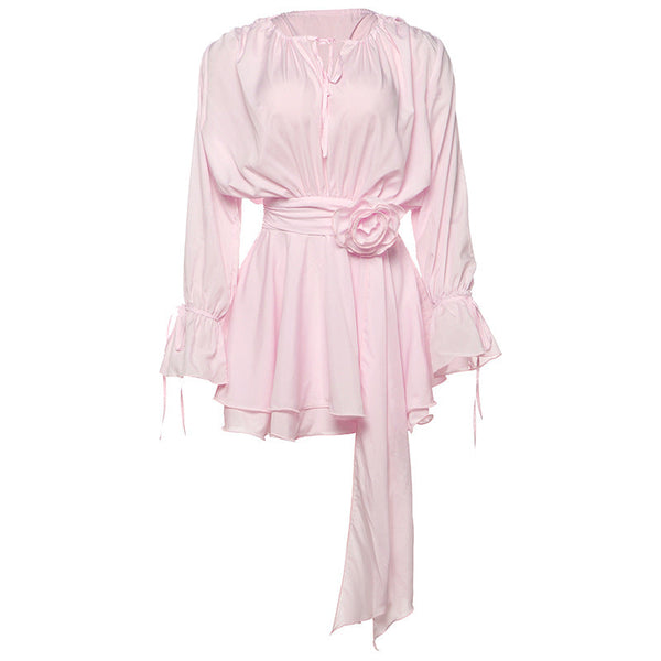 Long flared sleeve flower applique ruched ruffle mini dress